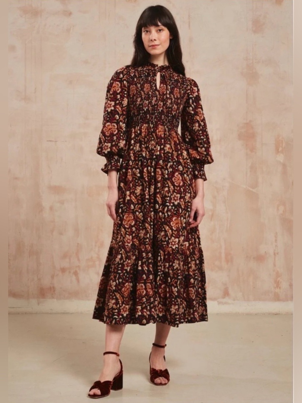 Pink City Prints NWT Izzy Dress in Tan Jaal Maxi Block Print Pattern Smocking